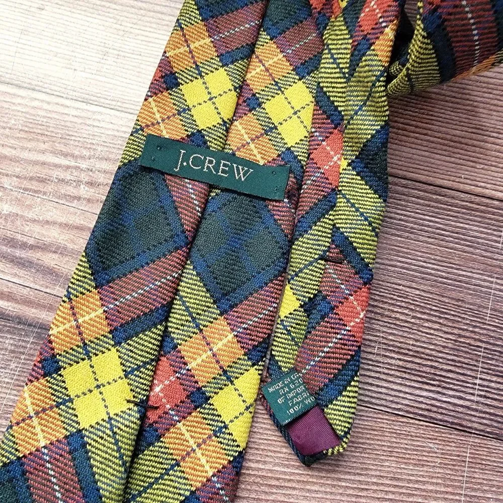 VTG J. CREW 100% Wool Hand Made Multicolor Plaid Tie 3.5